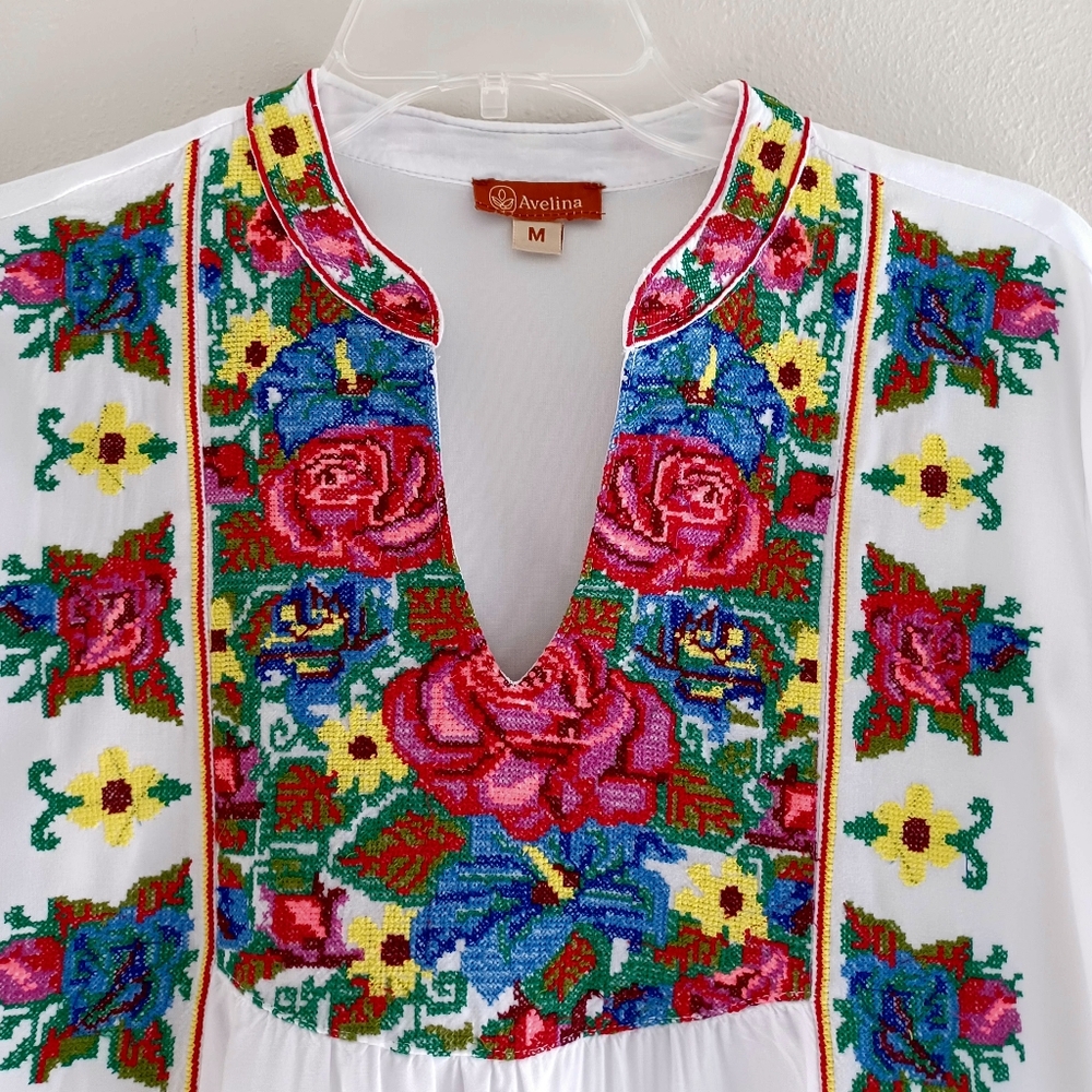 Bohemian Floral Embroidered White Blouse From Avelina, Size S - Picture 8 of 16